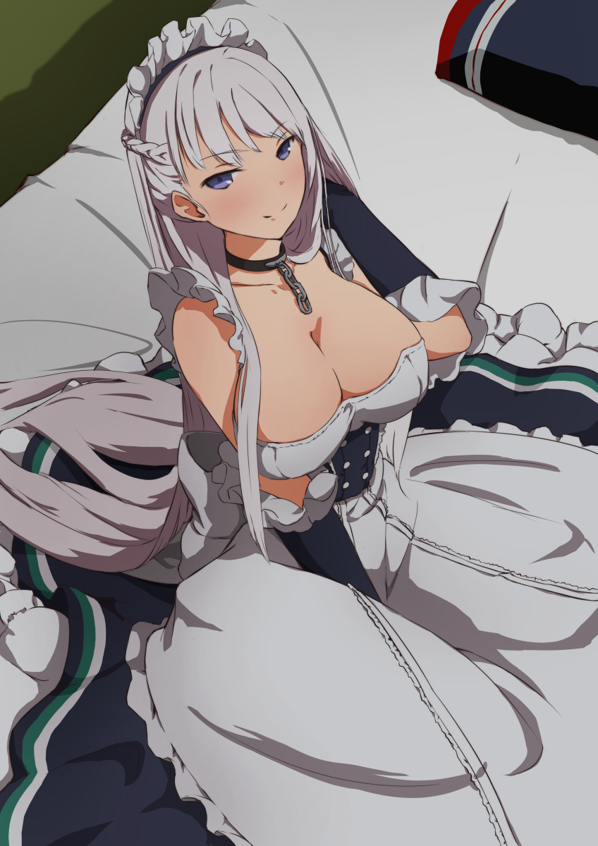 1girl, apron, arm_up, azur_lane, bangs, bare_shoulders, bed, bed_sheet
