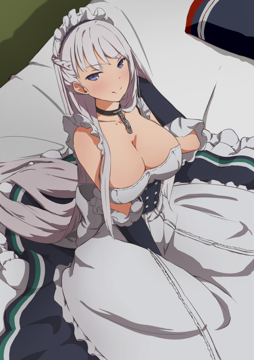 1girl, apron, arm_up, azur_lane, bangs, bare_shoulders, bed, bed_sheet