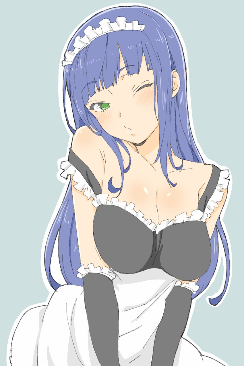 1girl, absurdres, apron, bangs, bare_shoulders, black_gloves, blue_background, blue_hair, blunt_bangs, blush, breast_squeeze, breasts, cleavage, closed_mouth, contrapposto, donguri_suzume, elbow_gloves, eyebrows_visible_through_hair, gloves, green_eyes, highres, large_breasts, long_hair, looking_at_viewer, maid, maid_apron, maid_headdress, one_eye_closed, original, simple_background, solo, standing, upper_body