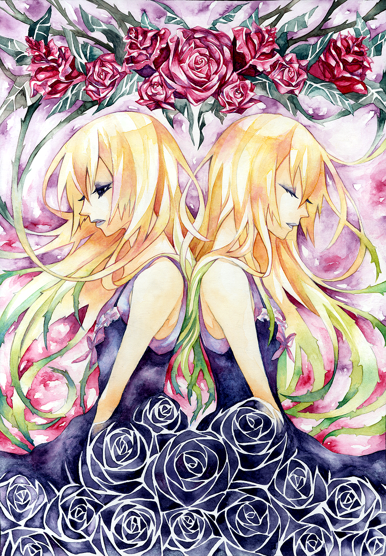 blonde_hair, flower, koushi_rokushiro, multicolored_hair, original, rose, siblings, twins