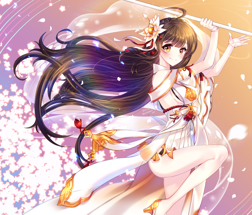 1girl, ahoge, apsara_(elsword), ara_han, black_hair, bow, braid, closed_mouth