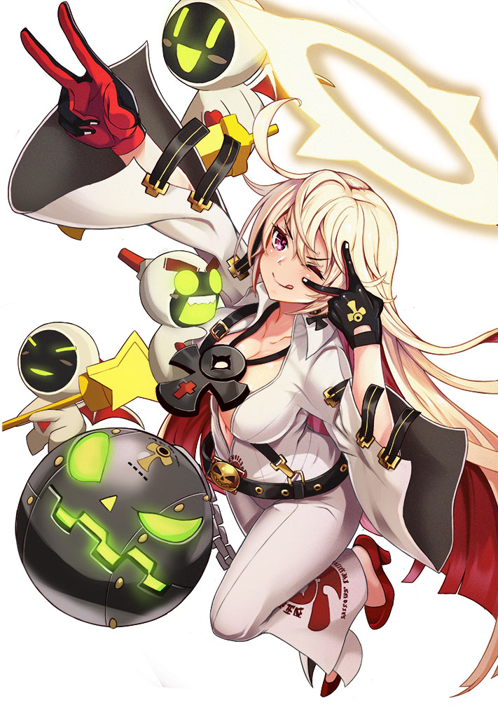 1girl, ;q, arm_up, belt, blonde_hair, blush, blush_stickers, bodysuit