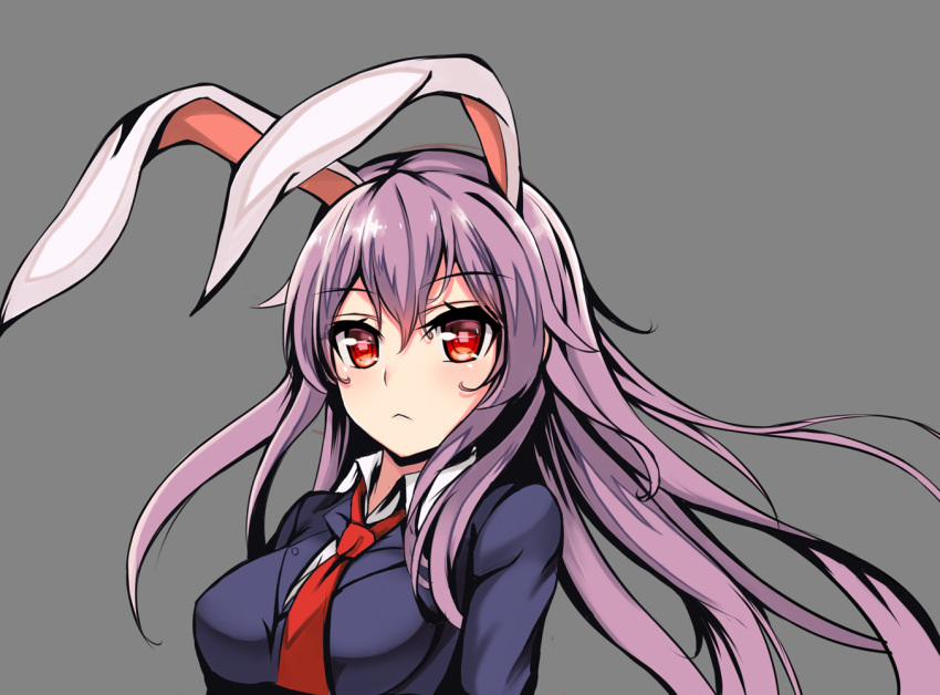 1girl, :<, animal_ears, blazer, breasts, eyebrows_visible_through_hair, grey_background, hair_between_eyes