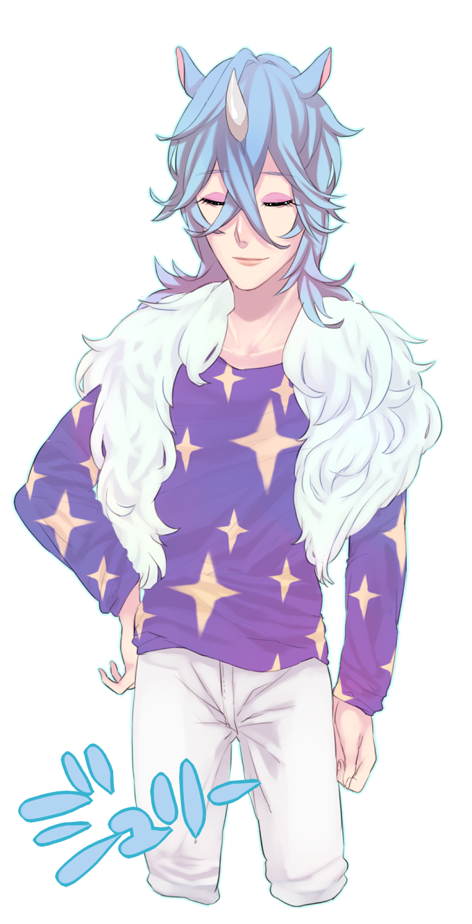 1boy, animal_ears, blue_hair, closed_eyes, doubutsu_no_mori, fur_trim, highres, horn, horse_ears, julie_(doubutsu_no_mori), long_hair, makeup, male_focus, personification, simple_background, solo, sparkle, sukedji, upper_body, white_background, white_hair