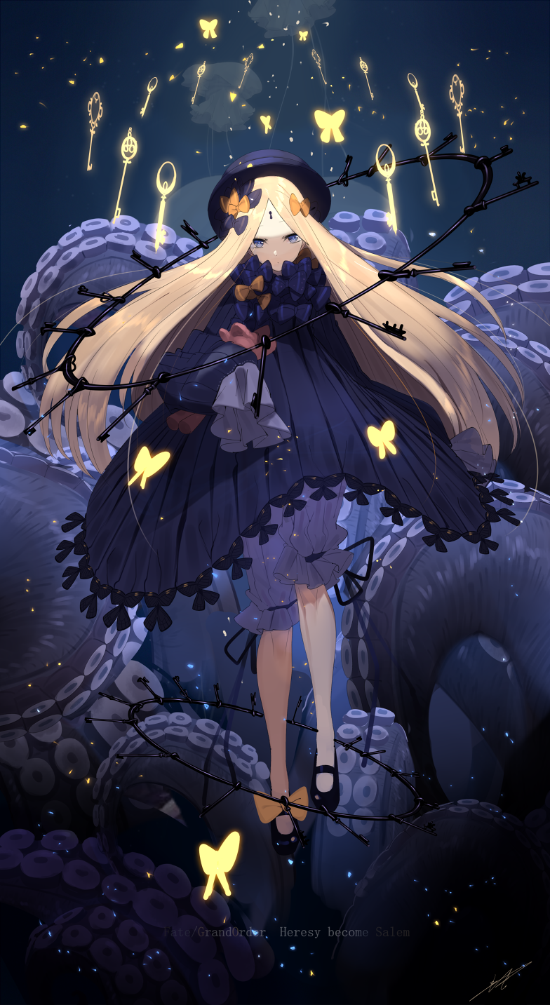 1girl, abigail_williams_(fate/grand_order), black_bow, black_dress, black_footwear, black_hat, blonde_hair, bloomers