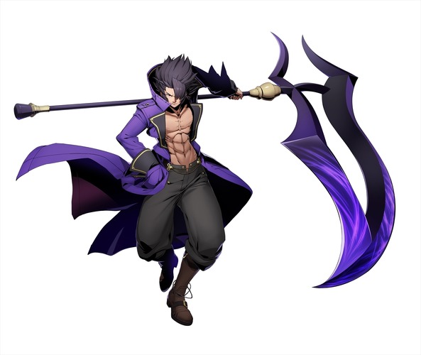 1boy, abs, bare_chest, blazblue:_cross_tag_battle, gordeau, hair_over_one_eye, jacket, official_art