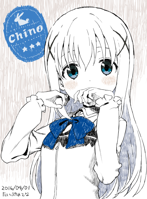 1girl, blouse, blue_eyes, blue_neckwear, blush, bow, bowtie, character_name, gochuumon_wa_usagi_desu_ka?, hair_ornament, hands_up, kafuu_chino, long_hair, looking_at_viewer, rabbit_house_uniform, sketch, solo, spot_color, typehatena, upper_body, vest, x_hair_ornament