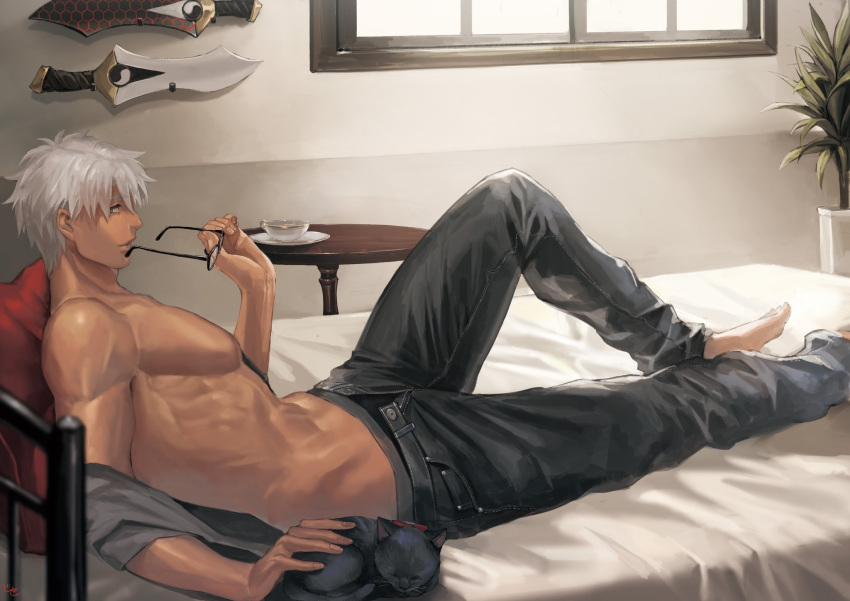 1boy, archer, barefoot, bed, cat, cup, dark_skin, dark_skinned_male
