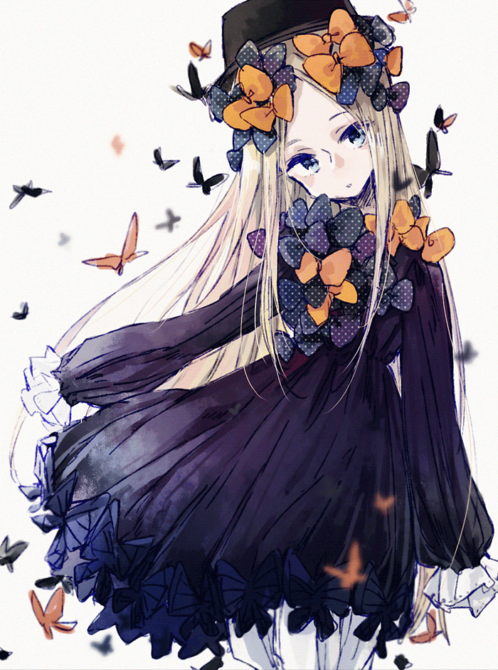 1girl, :o, abigail_williams_(fate/grand_order), bangs, black_bow, black_dress, black_hat, blonde_hair, bloomers, blue_eyes, bow, butterfly, dress, fate/grand_order, fate_(series), hair_bow, hands_in_sleeves, hat, head_tilt, long_hair, long_sleeves, looking_at_viewer, miharuko_(kopera), object_hug, orange_bow, parted_bangs, parted_lips, polka_dot, polka_dot_bow, solo, stuffed_animal, stuffed_toy, teddy_bear, underwear, very_long_hair, white_background, white_bloomers