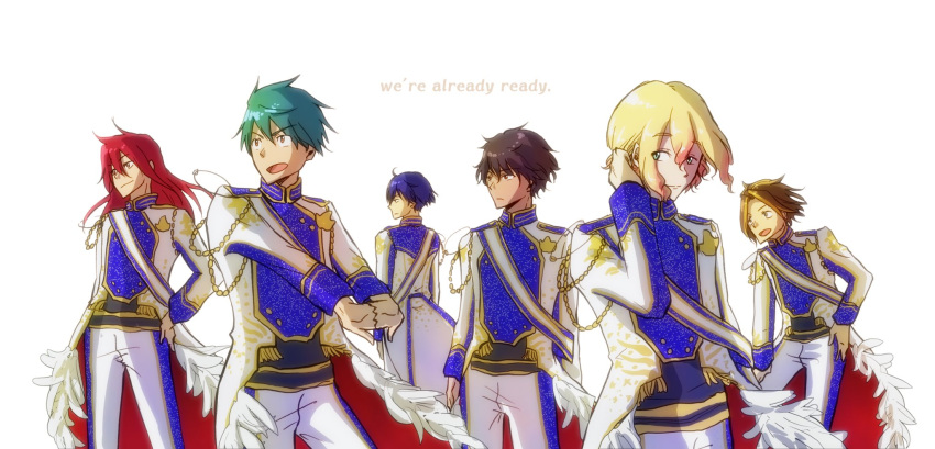 6+boys, adjusting_hair, alternate_costume, andou_mario, black_hair, blonde_hair, blue_hair, brown_hair, dark_skin, dark_skinned_male, english, feathers, green_hair, highres, idolmaster, idolmaster_side-m, igari_leo, kazama_shinobu, long_hair, male_focus, mimasaka_takeshi, multicolored_hair, multiple_boys, redhead, sanjou_gorou, sask, shiraishi_eru, smile, ttk_hotta, wavy_hair