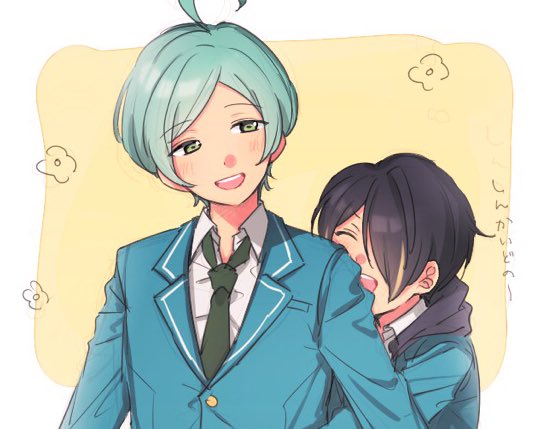 2boys, ahoge, aqua_hair, blazer, chiba_(satochikasmart), closed_eyes, ensemble_stars!, flower