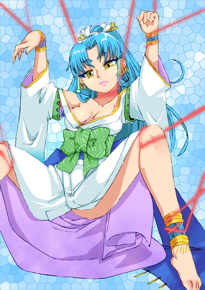 1girl, blue_hair, breasts, cleavage, commentary_request, detached_sleeves, glacies, hair_ornament