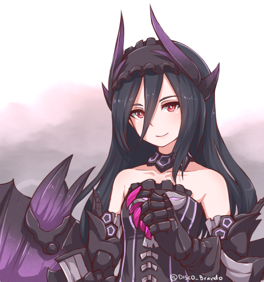 1girl, bangs, bare_shoulders, black_dress, black_eclipse_dragon_princess, black_hair, blush, bright_pupils
