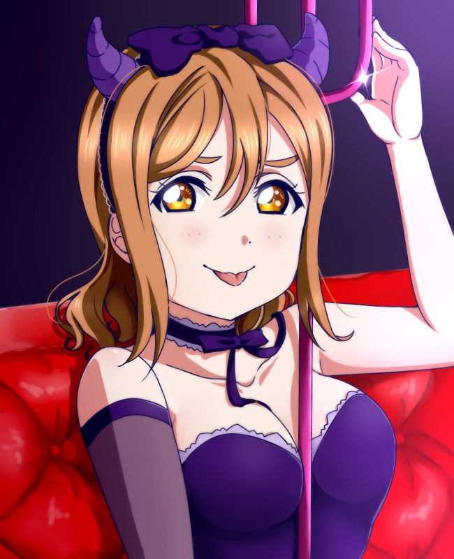 :p, bangs, bare_shoulders, between_breasts, blush, breasts, brown_hair, choker