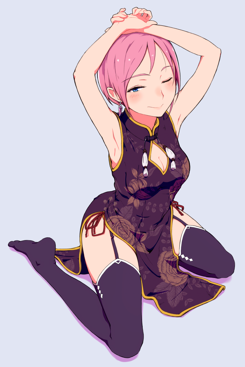 1girl, 3;, ;), armpits, arms_up, bangs, black_dress, black_legwear