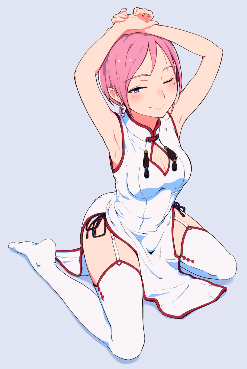 1girl, 3;, ;), armpits, arms_up, bangs, blue_eyes, breasts