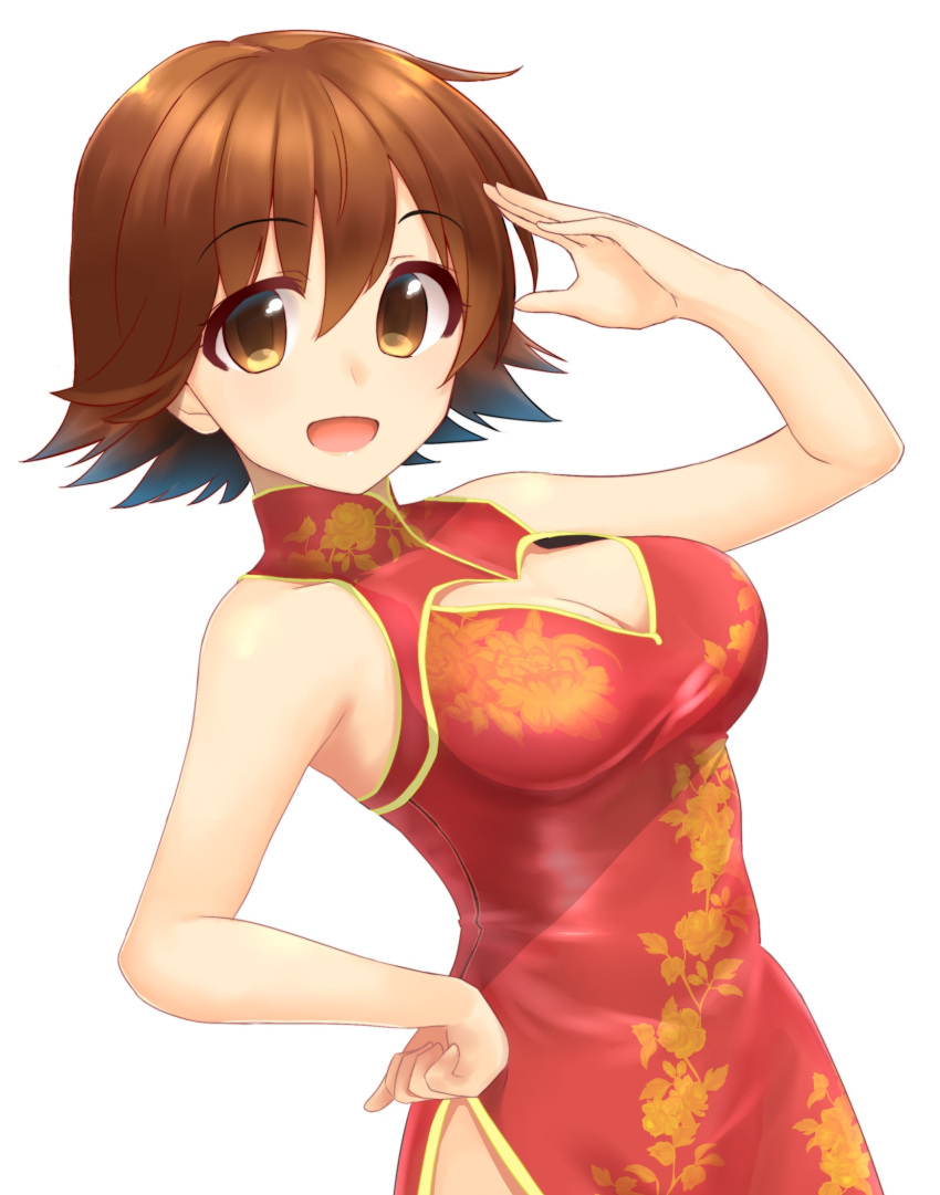 1girl, :d, breasts, brown_eyes, brown_hair, china_dress, chinese_clothes, cleavage