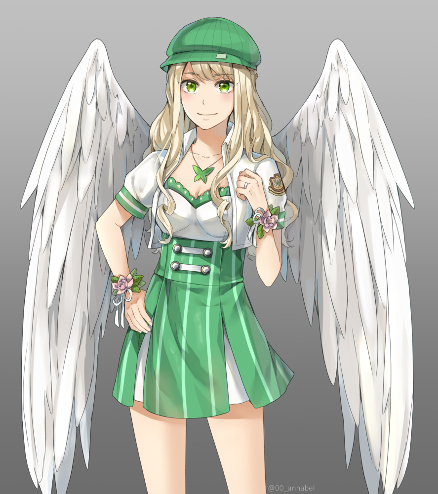1girl, angel_wings, annabel-m, blonde_hair, blush, breasts, cleavage, closed_mouth, commission, contrapposto, feathered_wings, flower, gradient, gradient_background, green_eyes, green_hat, green_skirt, grey_background, hat, high-waist_skirt, jewelry, long_hair, looking_at_viewer, medium_breasts, necklace, original, puffy_short_sleeves, puffy_sleeves, short_sleeves, skirt, smile, solo, standing, thigh-highs, twitter_username, wings, wristband