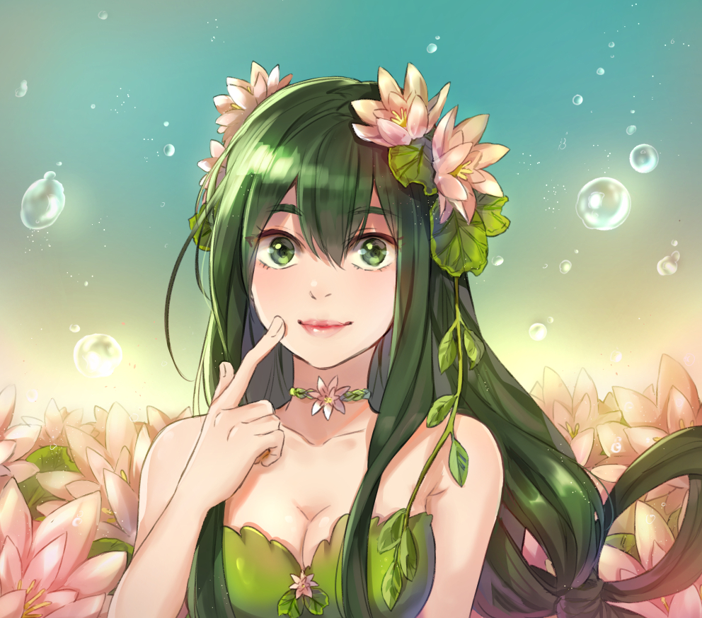 1girl, annabel-m, asui_tsuyu, bangs, bare_arms, bare_shoulders, boku_no_hero_academia, bound, bound_wrists, breasts, bubble, choker, cleavage, closed_mouth, dress, eyebrows_visible_through_hair, fingernails, flower, green_dress, green_eyes, green_hair, hair_between_eyes, hair_flower, hair_ornament, leaf, leaf_on_head, lips, long_hair, looking_at_viewer, lotus, medium_breasts, pink_lips, smile, solo, upper_body