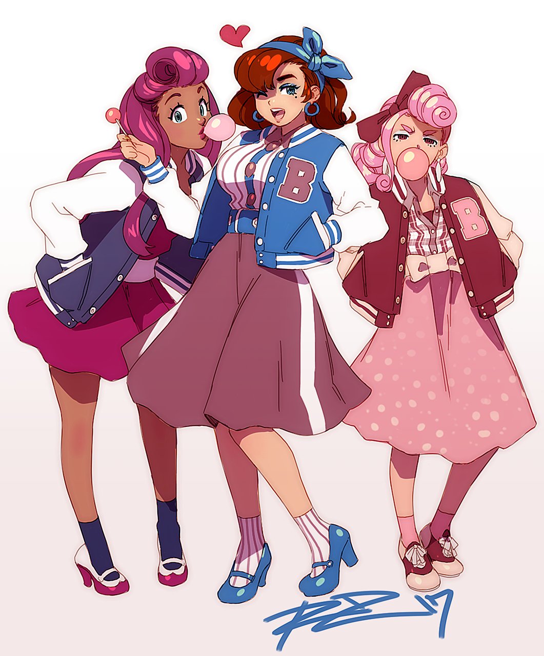 3girls, ;d, alternate_hairstyle, bliss_barson, blue_eyes, bow, breasts, brown_hair, bubble_blowing, chewing_gum, cryamore, dark_skin, deseret_amoir, earrings, eyeshadow, flat_chest, full_body, hair_bow, hairband, hand_in_pocket, highres, hoop_earrings, jacket, jewelry, large_breasts, letterman_jacket, lipstick, long_skirt, looking_at_viewer, makeup, mole, mole_under_eye, multiple_girls, one_eye_closed, open_mouth, pink_hair, pumps, purple_hair, robert_porter, signature, skirt, smile, socks, sorbet_la_carelle, standing, very_dark_skin