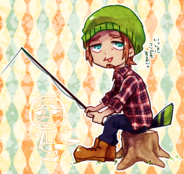 1boy, beard, boots, brown_hair, doubutsu_no_mori, facial_hair, feathers, fishing_rod, green_eyes, hat, jokkii_(doubutsu_no_mori), male_focus, open_mouth, personification, sb0sg, sitting, solo