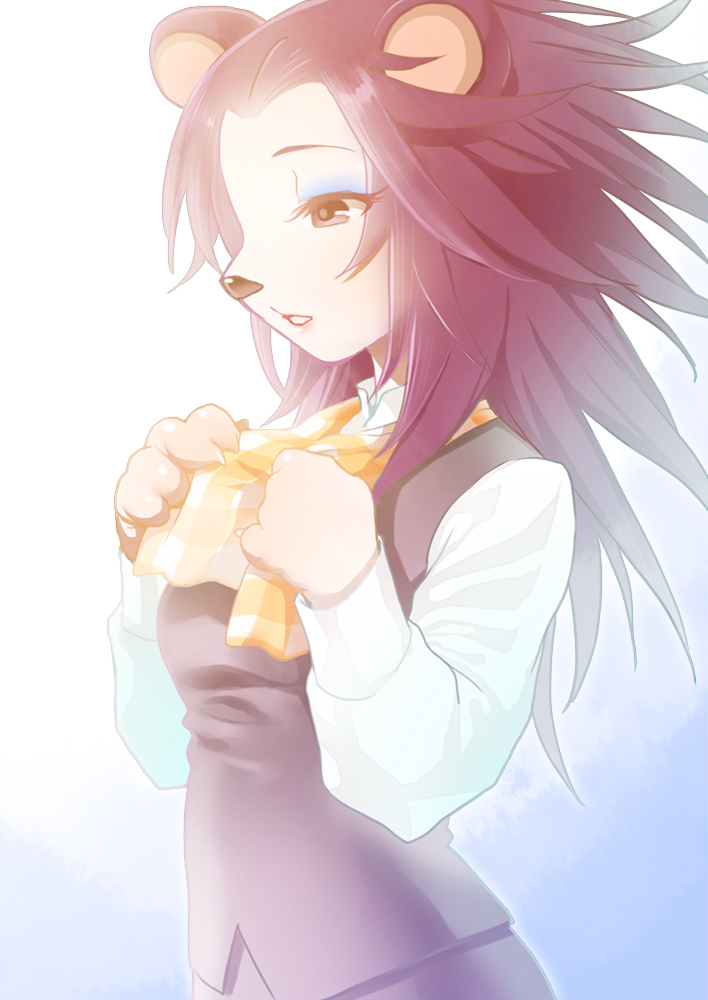 1girl, brown_eyes, doubutsu_no_mori, furry, hedgehog_ears, keito_(doubutsu_no_mori), kiichi_(ca0sf), long_hair, makeup, open_mouth, personification, purple_hair, solo, upper_body