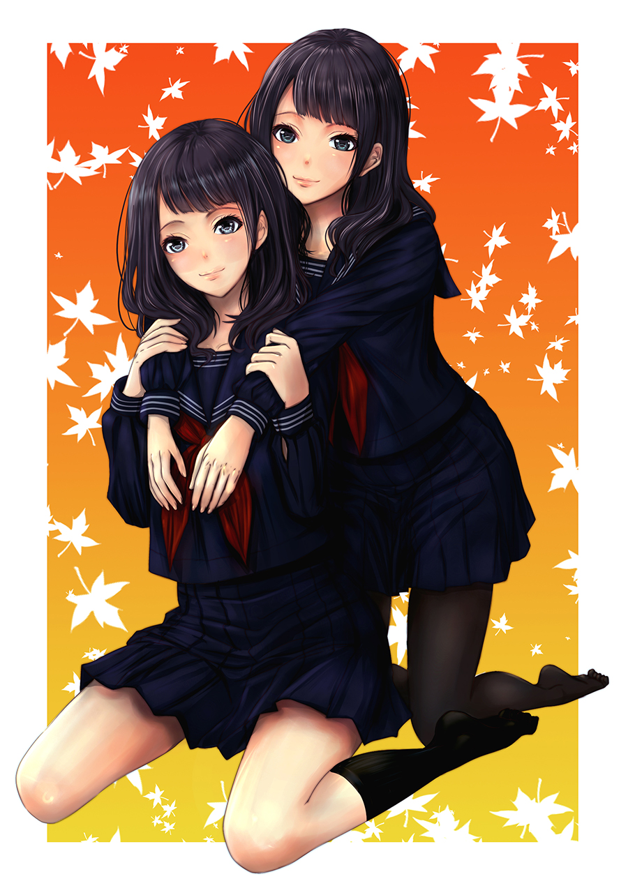 2girls, autumn_leaves, black_hair, black_legwear, black_serafuku, black_skirt, grey_eyes, highres