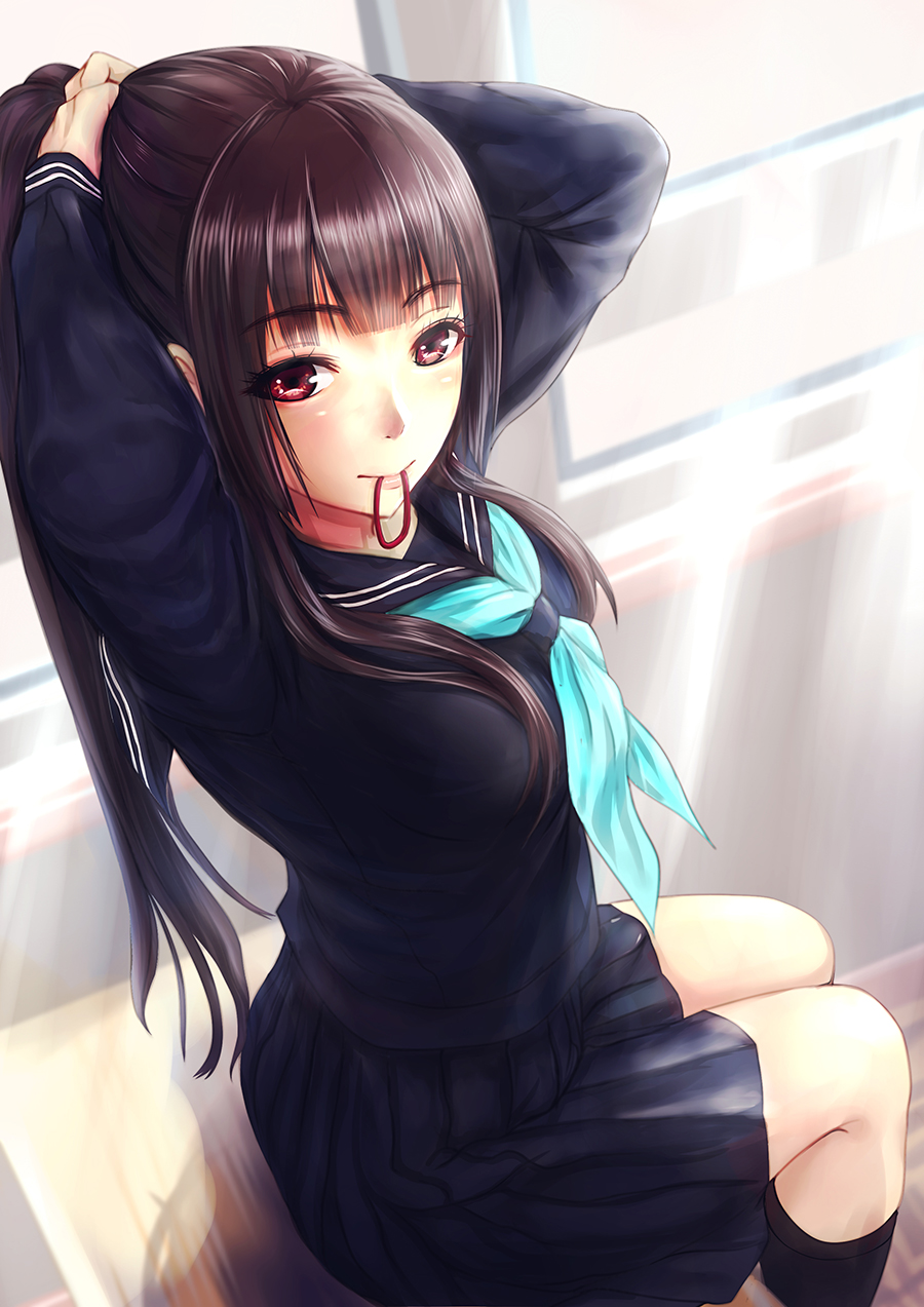 1girl, arms_up, black_legwear, black_serafuku, black_skirt, brown_hair, hair_tie, highres