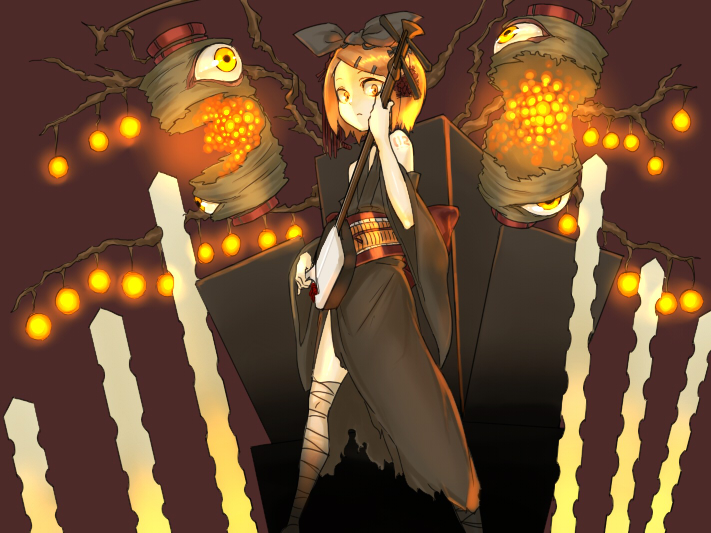 bachi, instrument, japanese_clothes, kagamine_rin, kimono, plectrum, ribbon, shamisen