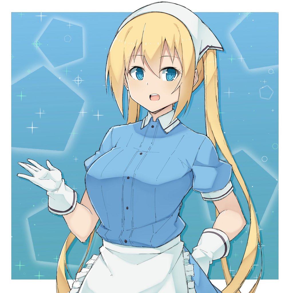 1girl, apron, blend_s, blonde_hair, blue_dress, blue_eyes, breasts, dress