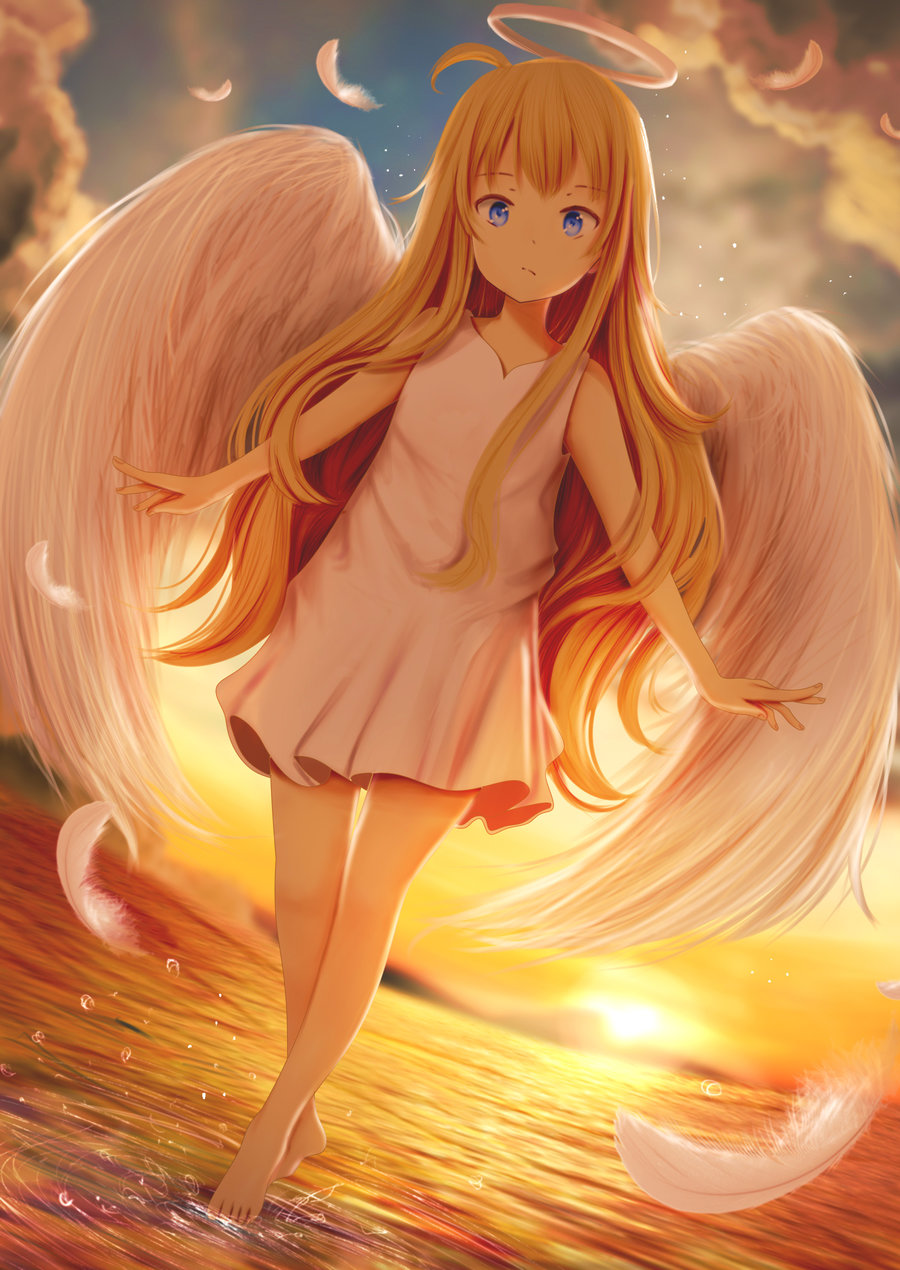 1girl, :/, ahoge, angel, angel_wings, blonde_hair, blue_eyes, clouds, dress, droplets, dutch_angle, feathers, floating, full_body, gabriel_dropout, halo, highres, kirimatsu, long_hair, looking_at_viewer, outstretched_arms, sky, solo, sunset, tenma_gabriel_white, walking, walking_on_liquid, water, white_dress, wings