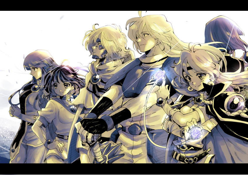 3boys, 3girls, amelia_wil_tesla_seyruun, armor, bangs, belt, bobosuke, bracelet