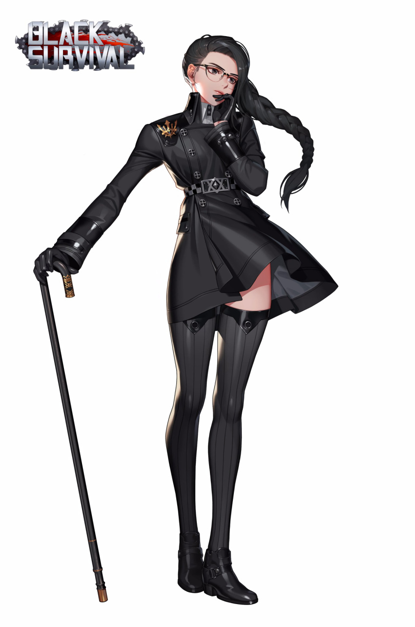 1girl, black_eyes, black_hair, black_legwear, black_survival, braid, cane, coat