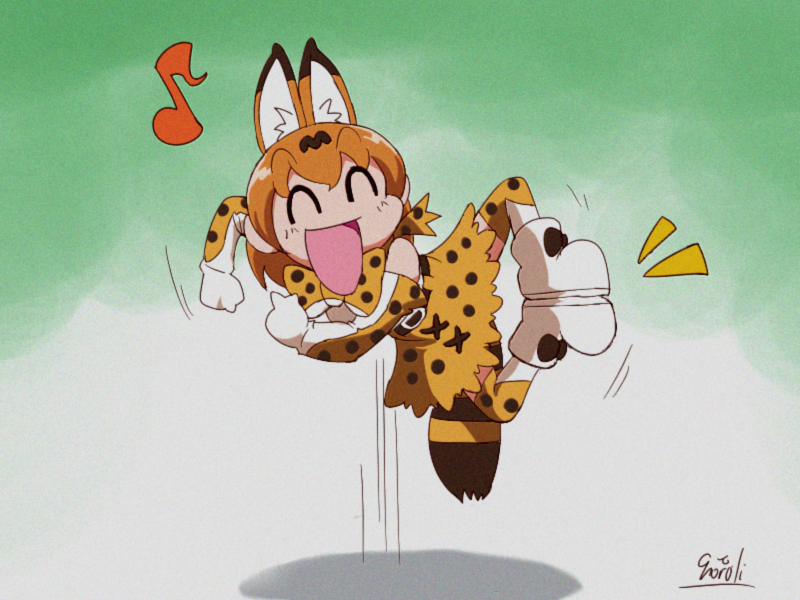 1girl, 90s, :d, ^_^, animal_ears, artist_name, bangs, belt, bow, bowtie, choroli_(chorolin), closed_eyes, elbow_gloves, facing_viewer, feet_together, gloves, green_background, high-waist_skirt, jumping, kemono_friends, medium_skirt, musical_note, notice_lines, open_mouth, orange_hair, parody, polka_dot, polka_dot_gloves, polka_dot_legwear, polka_dot_neckwear, polka_dot_skirt, quaver, serval_(kemono_friends), serval_ears, serval_tail, short_hair, signature, skirt, smile, solo, striped_tail, style_parody, tail, thigh-highs