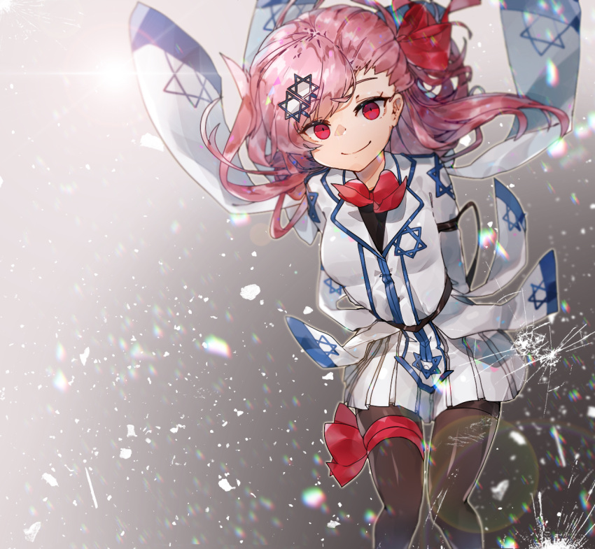 1girl, armband, arms_behind_back, asymmetrical_hair, bangs, black_legwear, blush, bow