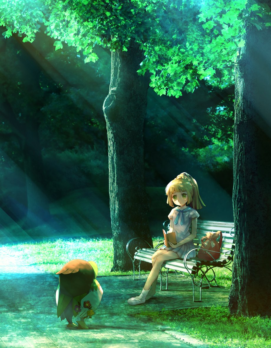 1girl, backpack, backpack_removed, bag, bench, blonde_hair, book, dartrix, flower, grass, green_eyes, leaf, lillie_(pokemon), long_hair, open_book, park_bench, pokemon, pokemon_(creature), pokemon_(game), pokemon_sm, ponytail, ribero, shirt, short_sleeves, sitting, skirt, sunlight, tree, white_shirt, white_skirt