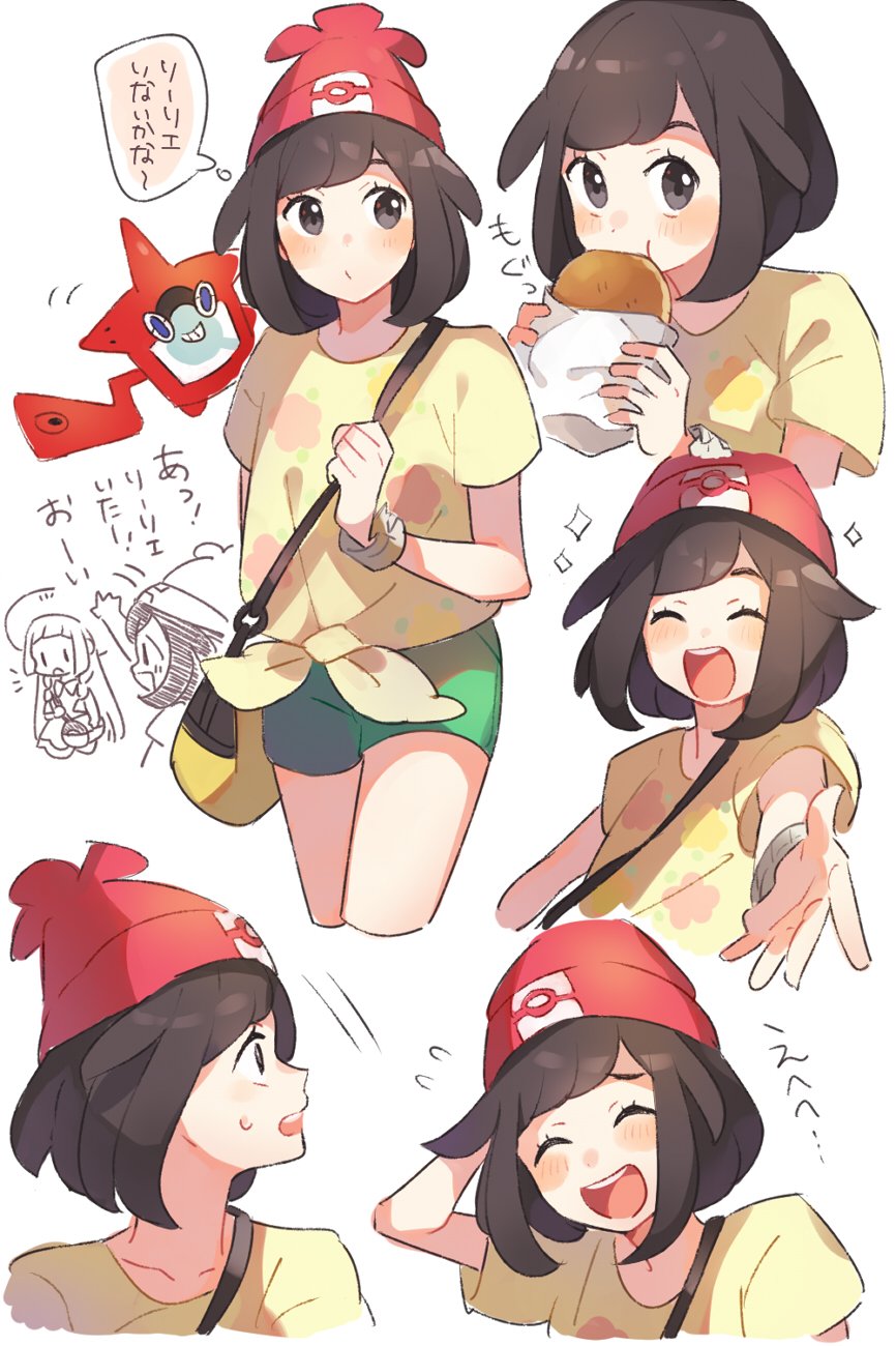 2girls, bag, beanie, black_eyes, black_hair, closed_eyes, eating, green_shorts