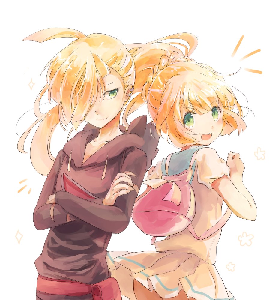 1boy, 1girl, backpack, bag, blonde_hair, brother_and_sister, crossed_arms, gladio_(pokemon)