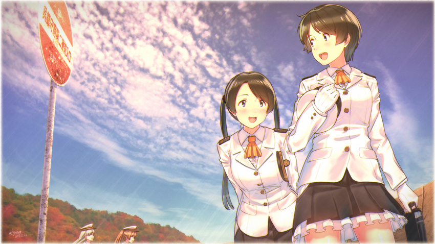 4girls, :d, alternate_costume, arms_behind_back, ascot, bangs, blonde_hair, blue_sky