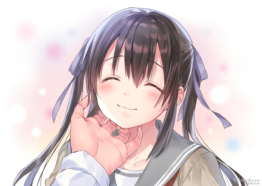 1boy, 1girl, :3, bangs, blush, chin_tickle, closed_eyes, closed_mouth