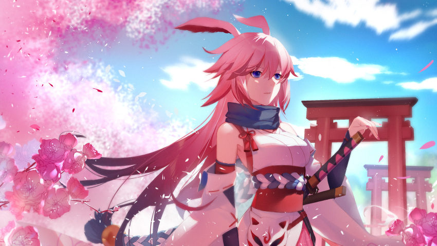 1girl, animal_ears, benghuai_xueyuan, blue_eyes, cherry_blossoms, detached_sleeves, expressionless, flower, fox_mask, gradient_hair, highres, honkai_impact, katana, long_hair, looking_away, mask, multicolored_hair, obi, petals, pink_hair, rabbit_ears, sash, scarf, sky, sword, tokio, torii, weapon, yae_sakura_(benghuai_xueyuan)