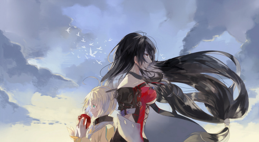 1boy, 1girl, ahoge, apple, bandage, bandaged_arm, black_hair, blonde_hair