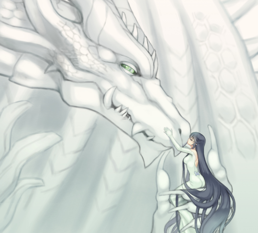 1girl, ass, black_hair, blush, dragon, dress, folks_(nabokof), gloves