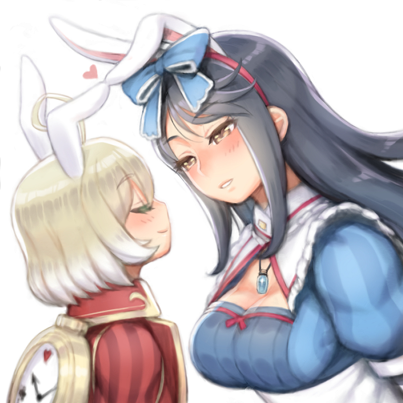 1boy, 1girl, ahoge, alice_in_wonderland, alternate_costume, black_hair, blonde_hair, blush