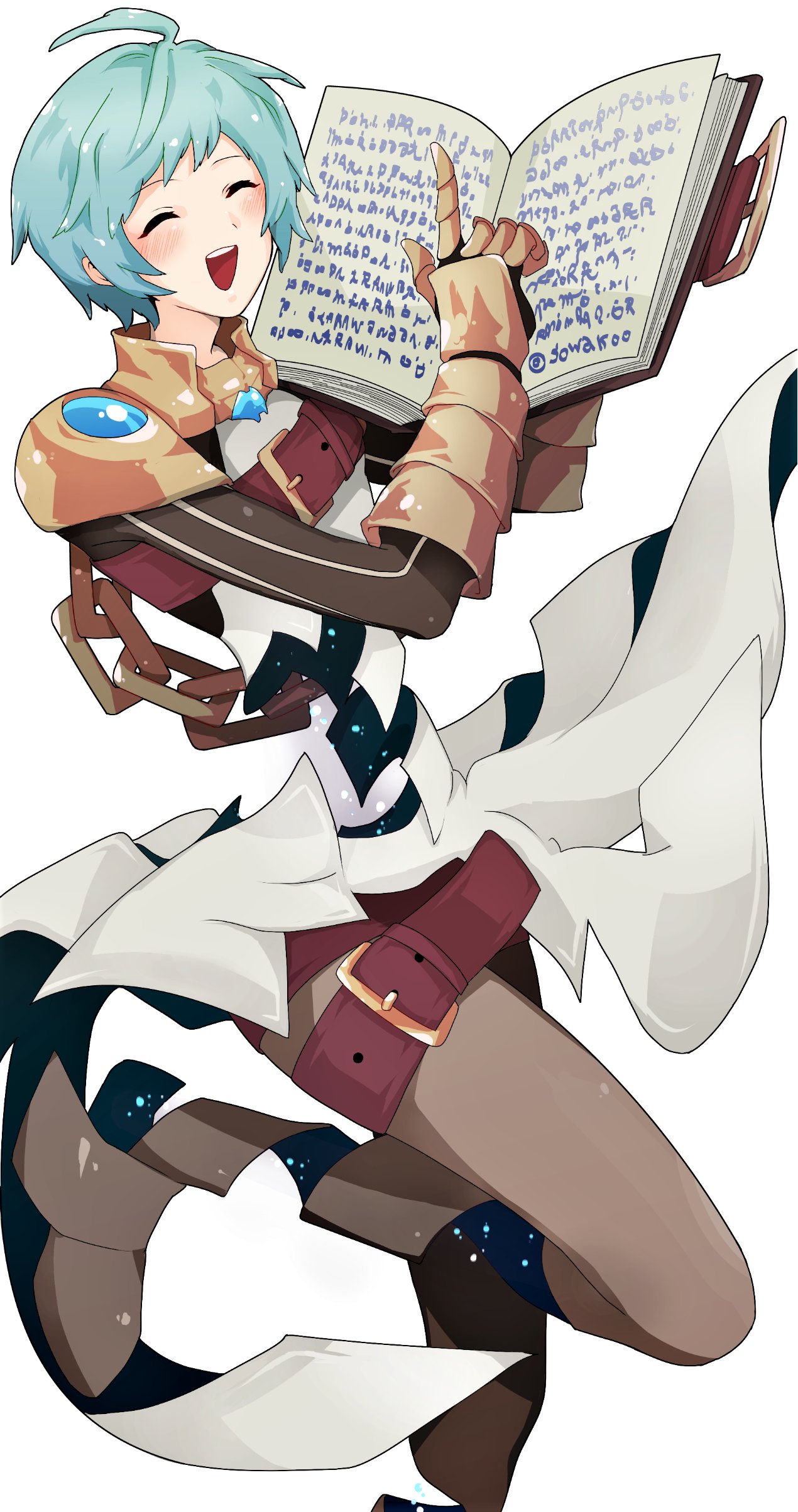 1girl, absurdres, armor, blue_hair, bodysuit, book, closed_eyes, gauntlets
