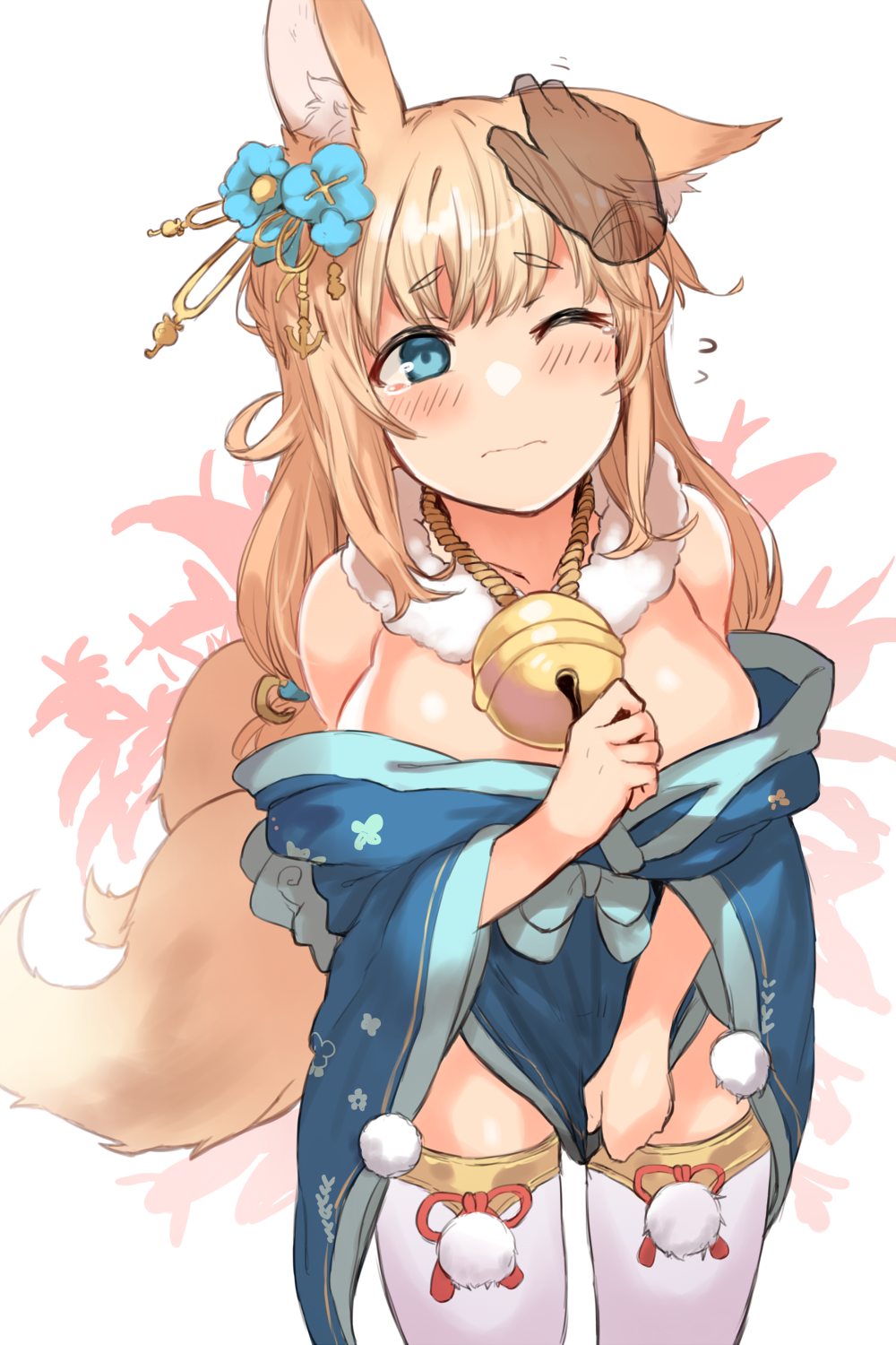 1girl, animal_ears, azur_lane, bangs, bare_shoulders, bell, blonde_hair, blue_eyes