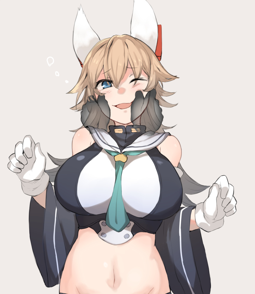1girl, animal_ears, azur_lane, between_breasts, blue_eyes, blush, breasts, crop_top