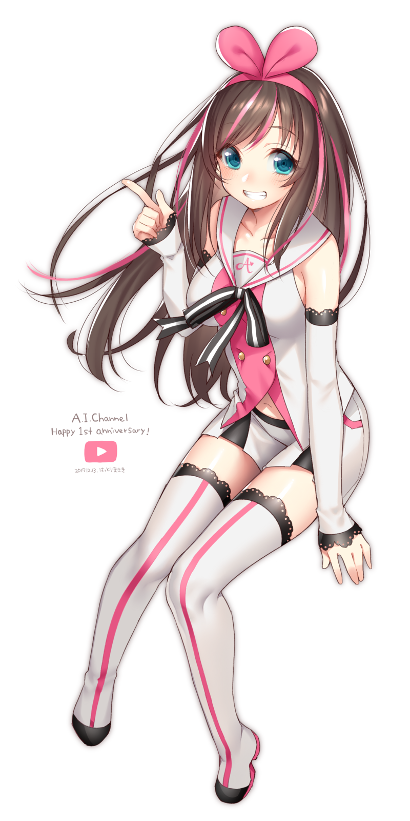 1girl, a.i._channel, anniversary, bare_shoulders, black_neckwear, black_ribbon, blue_eyes, blush
