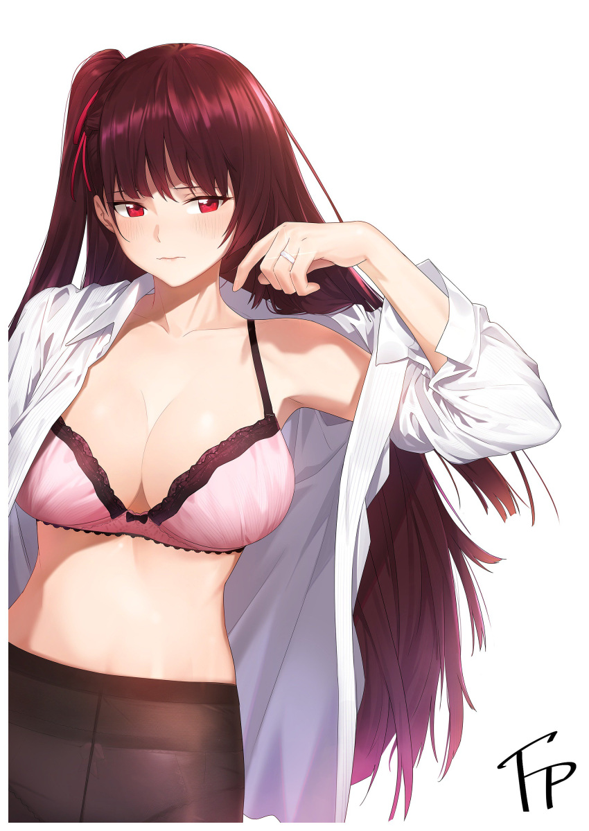 1girl, absurdres, arm_up, blush, bra, breasts, cleavage, closed_mouth