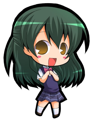 blush, chibi, green_hair, half_updo, long_hair, lowres, odajima_reimi, pac-man_eyes